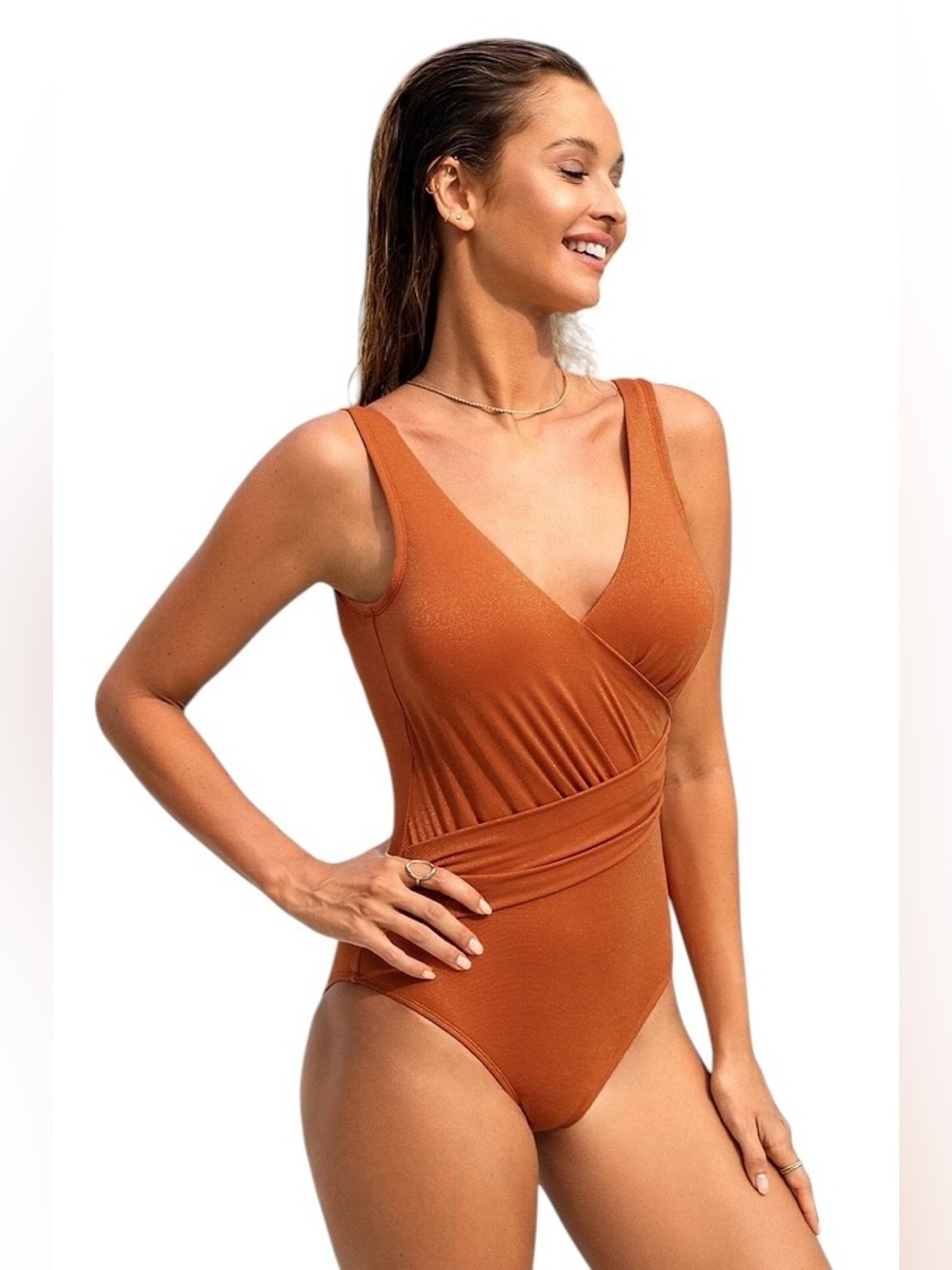Cupshe Sun Orange Rust Metallic Wrap Shirred One Piece Swimsuit size Large NWT